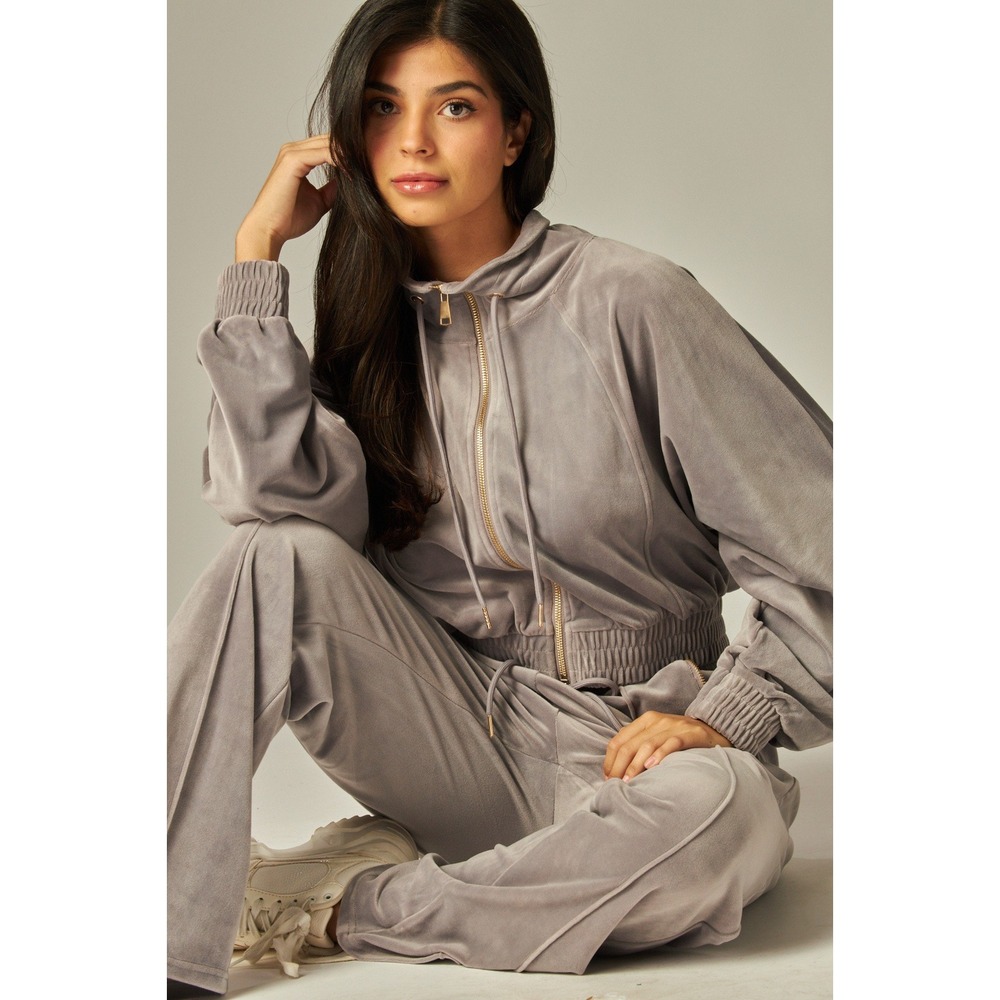 Velvet Tracksuit Y2K Velour Medium Lounge Set Gray Zip Up Wide Leg Taro grey